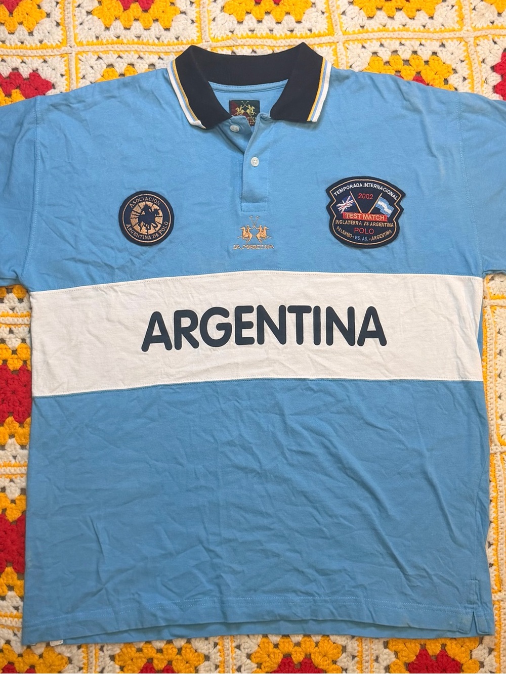 Vintage Argentina Rugby Shirt Men's Large Blue World Polo Cup Spellout Collared